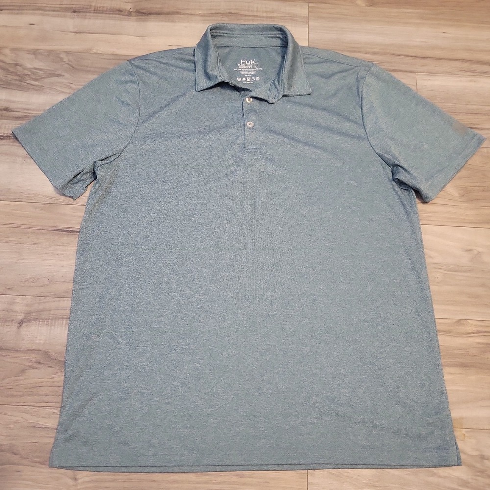 Huk Mens Performance Polo Shirt Green Short Sleeve Fishing Top Large
